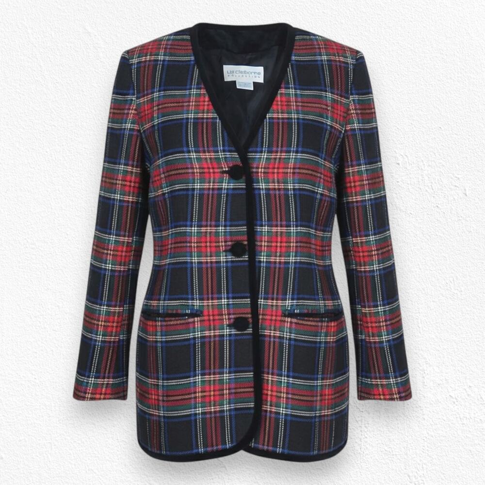 Vintage 90s Black Multicolor Tartan Plaid Wool Blazer Velvet Trim Size 4 NWT